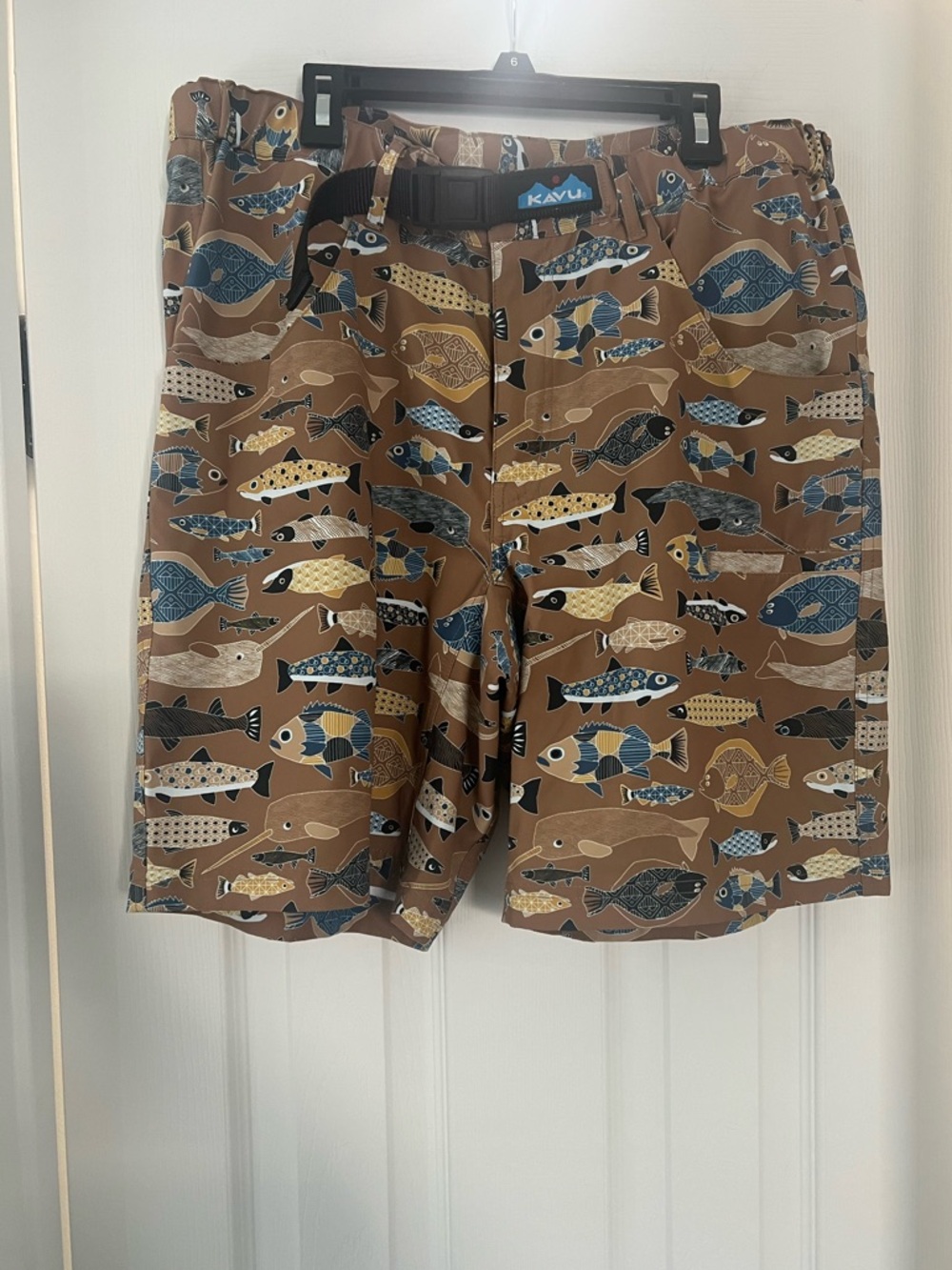 Kavu Brown Fish-Print Outdoor Shorts with Blue & Yellow Accents